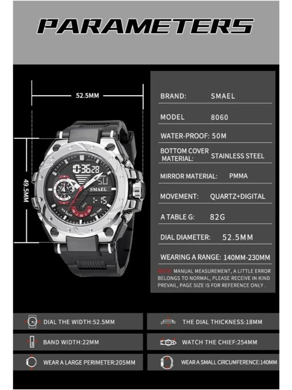 Mens Black And Silver Analog Quartz Sport Waterproof Military LED Digital Watch
